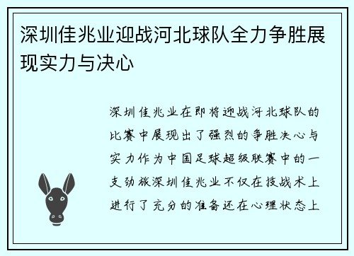 深圳佳兆业迎战河北球队全力争胜展现实力与决心